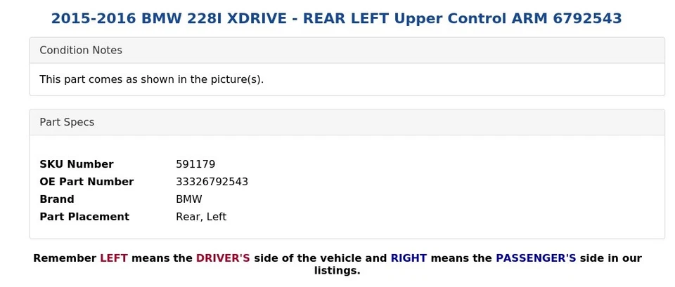 BMW 228I XDRIVE 2015-2016 - brazo de control superior trasero izquierdo 6792543 Foto 4 de 4