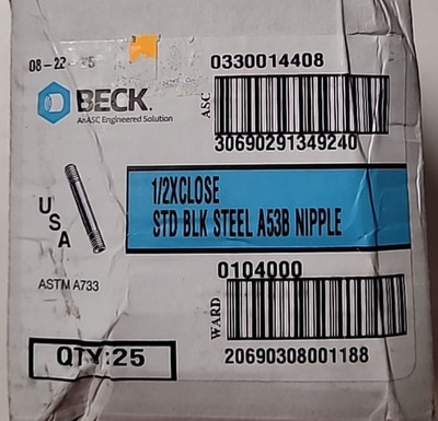 Beck 1/2in x Close Std Black Steel A53B Nipple Box Of 25