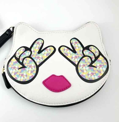 Luv Betsey Johnson Wristlet Coin Purse Clutch Bag Confetti Peace Sign Cat Hippie