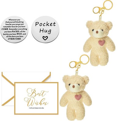 3 Arten Schlüsselanhänger Set: Pocket Hug Bär + Plüsch Glücksbringe + PU Leder