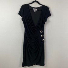 Joseph Ribkoff Faux Wrap Bodycon Dress Size 12 Black Stretch Cap Sleeve