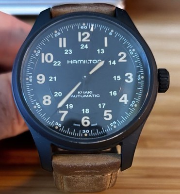 Hamilton Khaki Field Herren Automatik Uhr schwarzes Zifferblatt braunes Leder