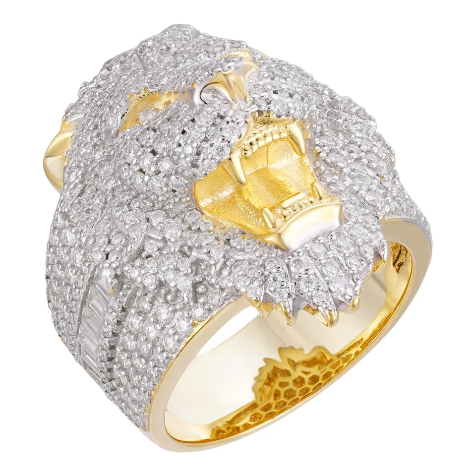 МУАССАНИТ мужской большой лев лед хип-хоп кольцо 14k золото Vermeil более 925 серебро