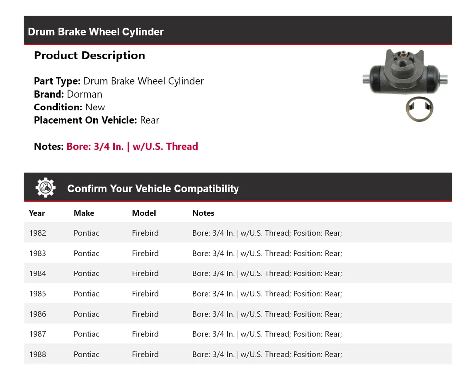 Cilindro de rueda de freno de tambor trasero 1983 1984 Pontiac Firebird Dorman 1982-1988 Foto 2 de 4