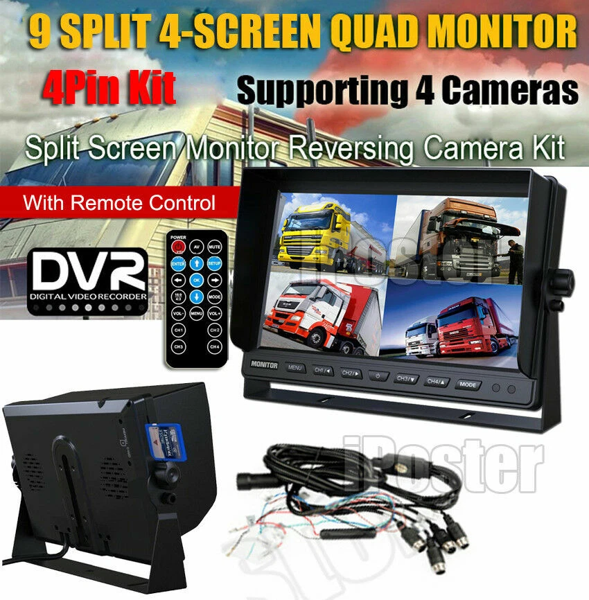 9" Split Screen DVR Monitor AHD 1080P Color 4PIN Rear View Camera 32GB For Truck - Image 4 of 4