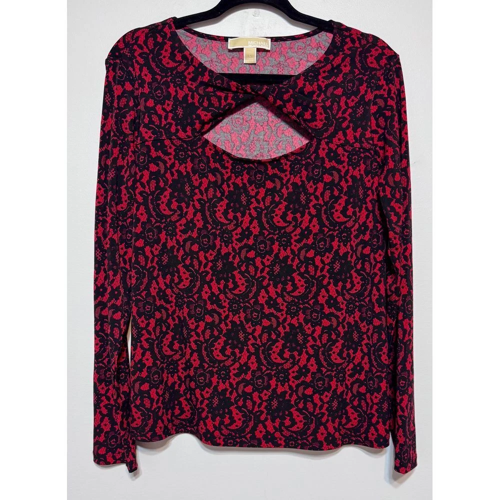 Top MICHAEL Michael Kors rosso e nero stampa pizzo taglia L design scollo ritagliato