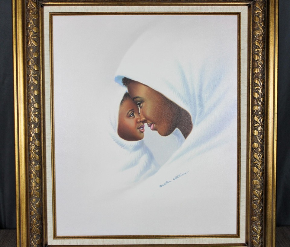 Melba Watkins Mother & Child lithograph print on canvas 24" x 20" gold