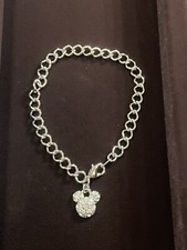 Disney Mickey Mouse Ears Rhinestone Silver Charm Clasp Bracelet 8 Bonus Charm