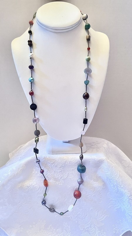 Vintage Glass And Mixed Materials Silver Bar Long Necklace 925 Marked Clasp