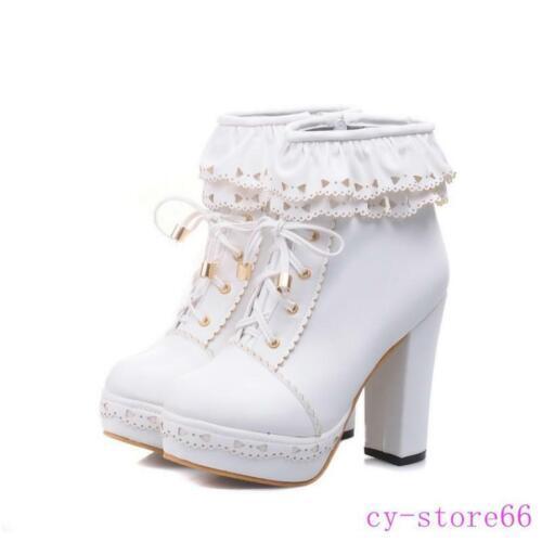 Ruffle Women‘s Lace Up Platform Ankle Boots High Block Heel Dress Shoes Lolita - Picture 11 of 16