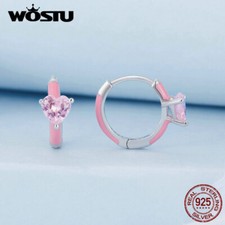 Wostu 925 Sterling Silver Enamel Pink Heart Love Ear Clips Earrings Party Gift