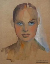 Original GOUACHE watercolor painting young woman portrait Svetlana Novikova