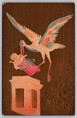 Postcard Stork Dropping Baby Down Chimney Embossed Airbrushed Birth Announcement