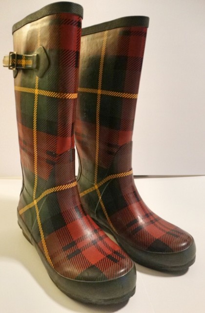 red and black plaid rain boots