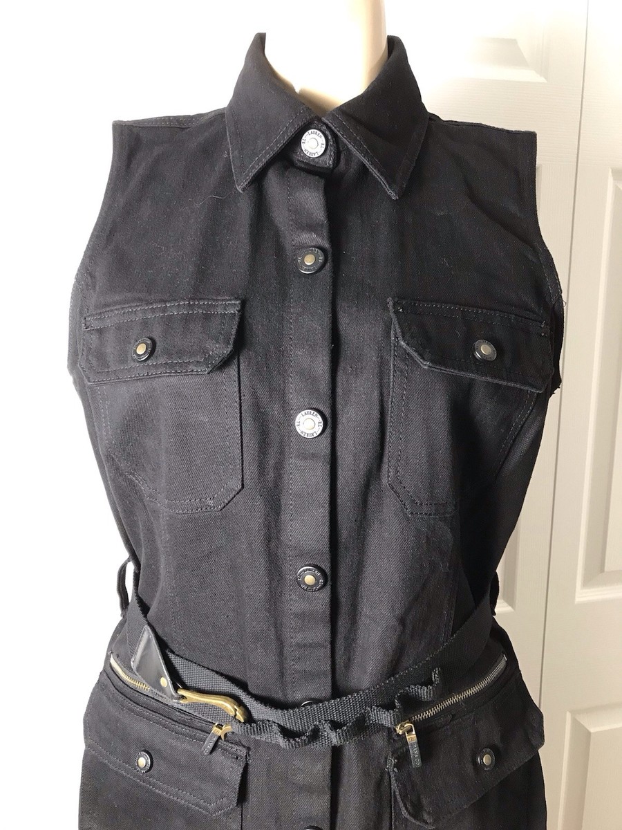 RALPH LAUREN Black Denim Snap Front Belted Sleeveless Dress EUC