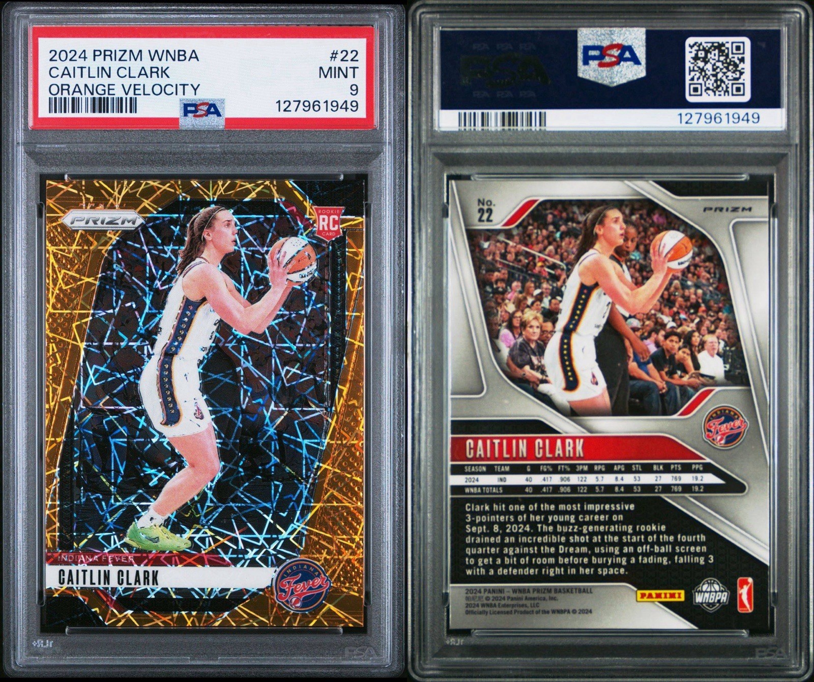 2024 PANINI PRIZM WNBA ORANGE VELOCITY #22 CAITLIN CLARK ROOKIE RC PSA 9 view 3
