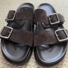 Louis Vuitton Logo Dark Brown Men's Slide Sandals Buckle Straps Suede Size 7.5