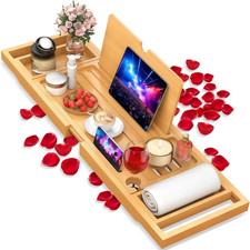 Premium Bamboo Bathtub Caddy Tray with Extending Sides, Adjustable Wood Bath Tra