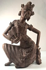 Vintage Balinese Dancer Wood Sculpture Hand Carved Statue Bali Indonesia 11"