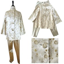 VINTAGE Dynasty Satin Jacket  Pants Suit S Metallic Asian Oriental Floral VTG