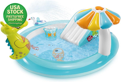 Inflatable Kiddie Pool with Slide Sprinklers Bucket Floatie 6.6X5.6X4 Outdoor