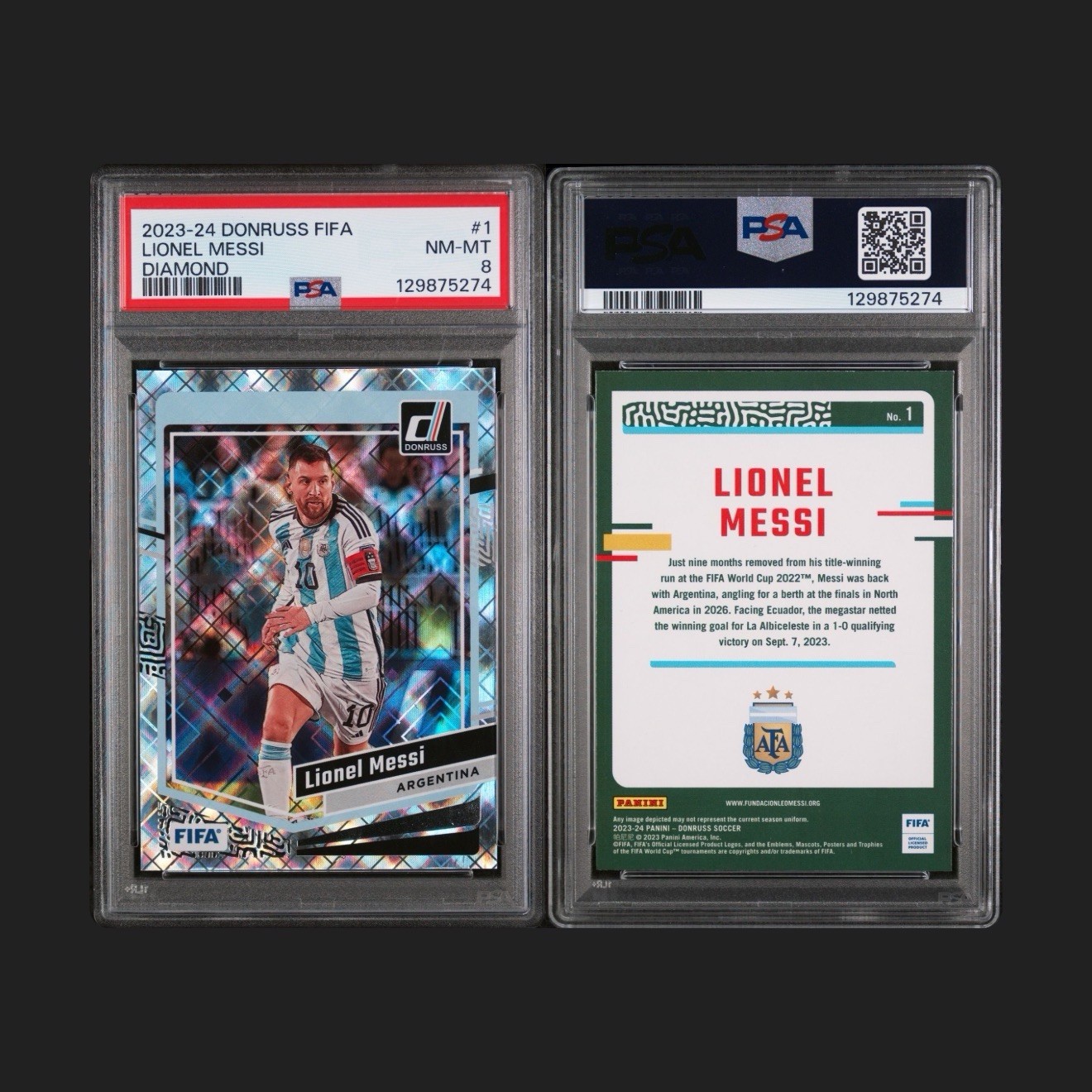 2023-24 Panini Donruss FIFA Lionel Messi #1 Diamond PSA 8