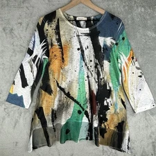 Jess & Jane Shirt Womens Small Abstract Flowy Tunic 3/4 Sleeve Artsy Art to Wear