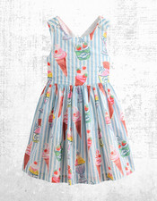 Ex Mini Boden Girl's Harper Cotton Holiday Print Cross-Back Dress in Blue Stripe