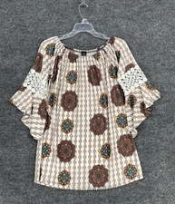 Win Win Lace Bell Sleeve Long Tunic Top Womens S-M Paisley Design Boho Peasant