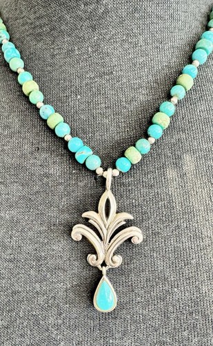 Barse 925 Sterling Silver Turquoise Beaded Fleur De Lis Necklace Thailand 22”