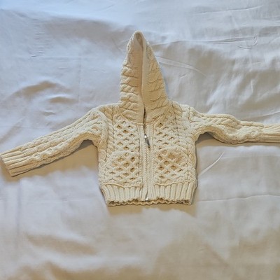 Aran Crafts Merino 100%  Wool Hooded Full Zip Cable Knit Sweater Ivory 12-18M