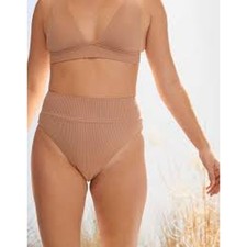Aerie Waffle High Cut Cheeky Bikini Bottom Raw Sienna Tan Large