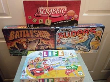 4 Complete Hasbro Board Games Bundle - LIFE Scrabble Battleship Sorry Sliders