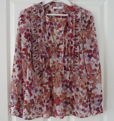 Mango MNG Suit Bluse Tunika rost rot weiß blau Gr S Biesen Ärmel lang Blume/Laub