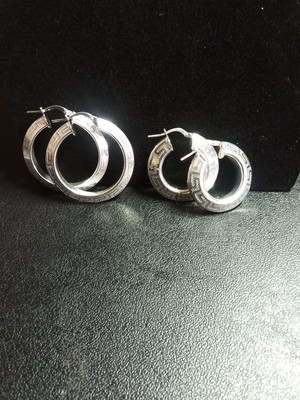 2 Paar massive Sterling Silber griechische Schlüssel Design Creolen
