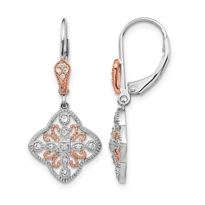 14k White Gold with Rose Rhodium 1/8 Ct Round Diamond Drop Danlge Earrings