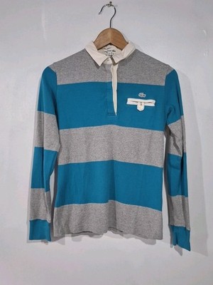 Lacoste Rugby Polo Shirt Women Small (36) Blue Gray Stripe Long Sleeve Croc