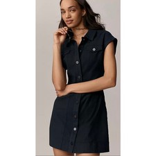 PAIGE Dekalb Denim Mini Dress Womens Size 2 Black Sleeveless Snap Front Collared