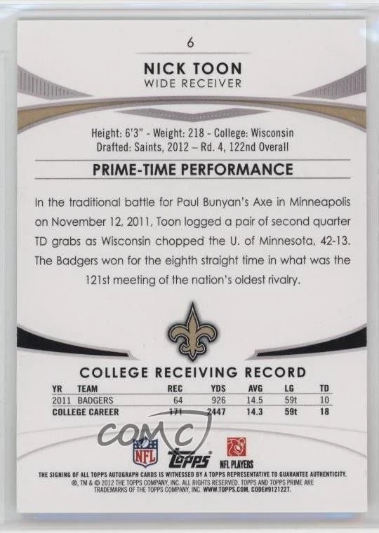 2012 Topps Prime Rookie Auto /286 Nick Toon #6 Auto RC - Image 2 of 2