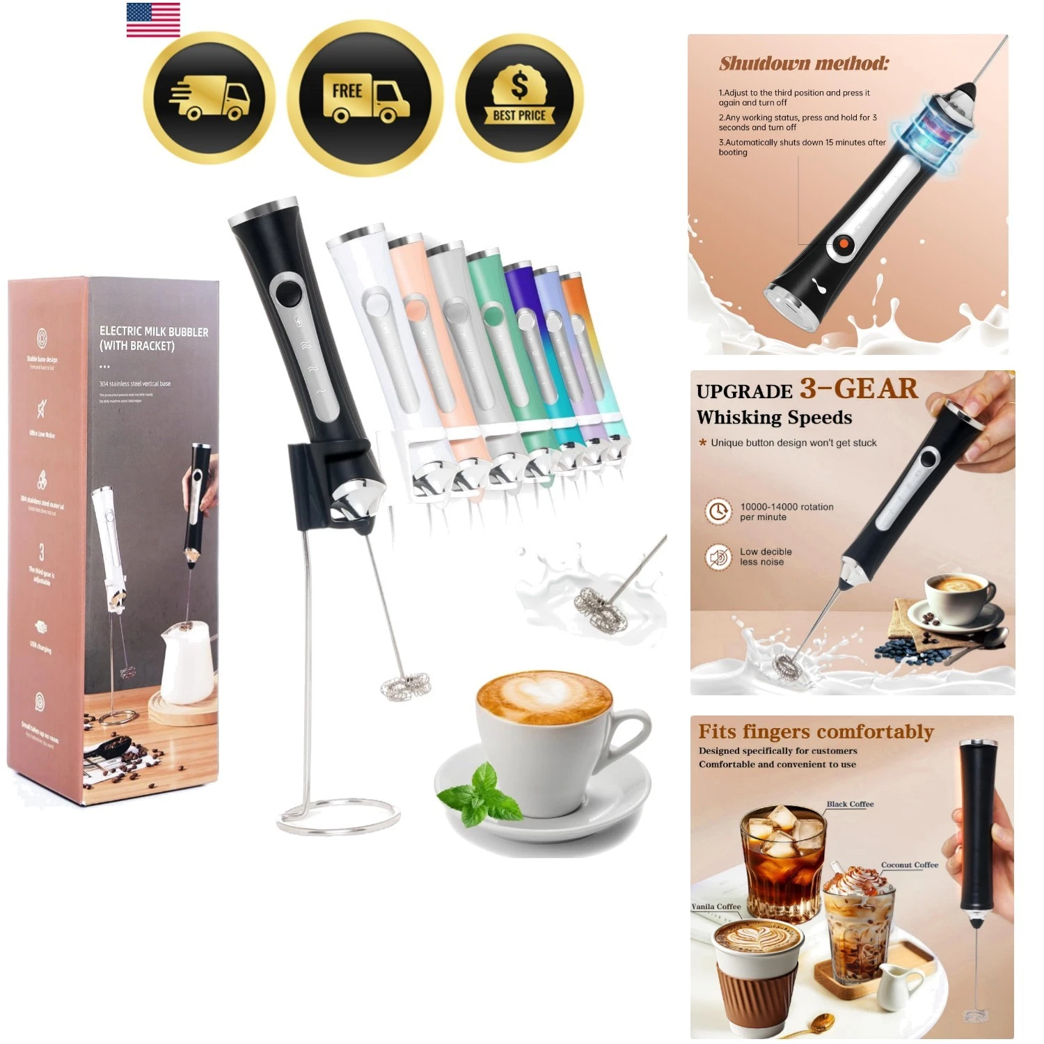 Rechargeable Milk Frother Handheld For Coffee,3 Speeds Frother Wand With Stan...