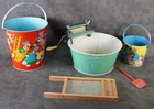 5 Tin Litho Ohio Art Cohn Inc Sand Toys & Wash Tub & Wash Board #SS92