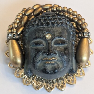Vintage Japan Beaded Cage work Buddha Face Pearl Rhinestone Brooch Pin Pendant