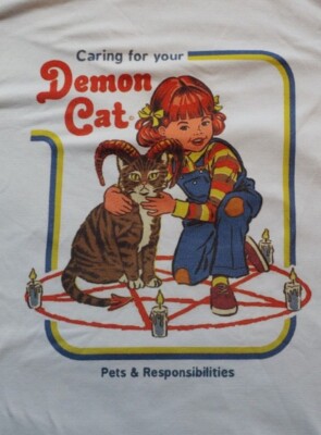 Caring for your Demon Cat -2 Tone T shirt - White/black shirt funny Woman Small