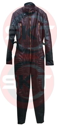 Women's Genuine Black Leather Catsuit Jumpsuit Front Zipper