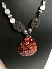 1236 Vintage seashell faux pearl Lava rock pendant Beach boho necklace 18"
