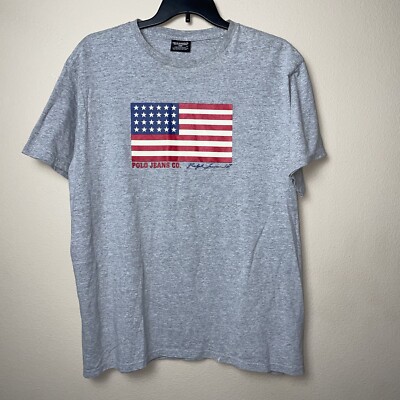 Vintage Polo Jeans CO Ralph Lauren Shirt Gray Tee Large Flag 67 Graphic  Men's XL