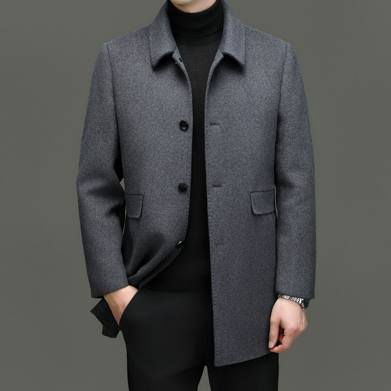 Mid-aged Mens Wool Blend Parka Mid Length Collared Button Down