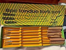Vintage Fondue Forks 6pc Set Stainless Steel Wooden Coded Handles w/Box ~Japan
