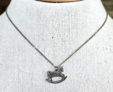 Vintage Rocking Horse Pewter Pendant Necklace 15.5" Silver Tone Cable Chain