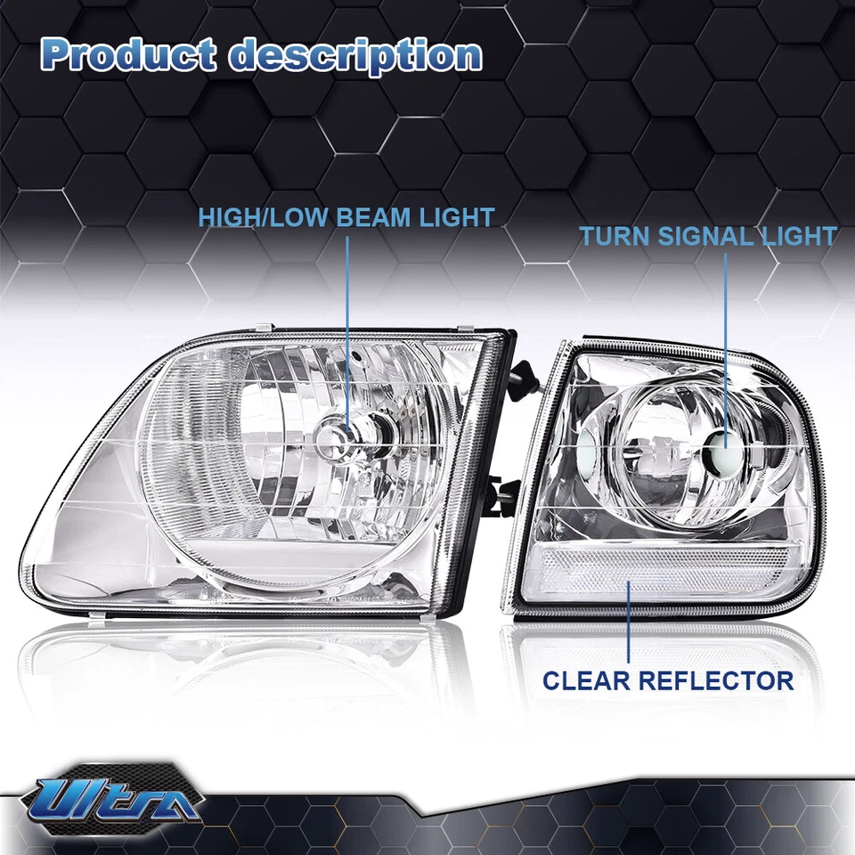 Faros cromados transparentes y luces de esquina aptos para Ford F150 Expedition 1997-2003 Foto 2 de 4